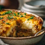 Cheesy Hamburger Hashbrown Casserole in a baking dish
