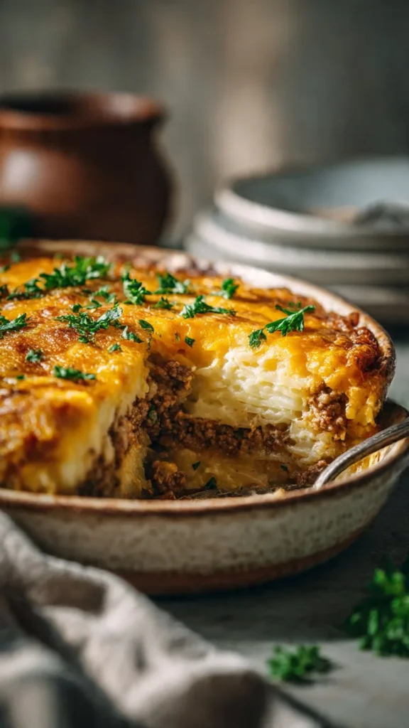 Cheesy Hamburger Hashbrown Casserole in a baking dish