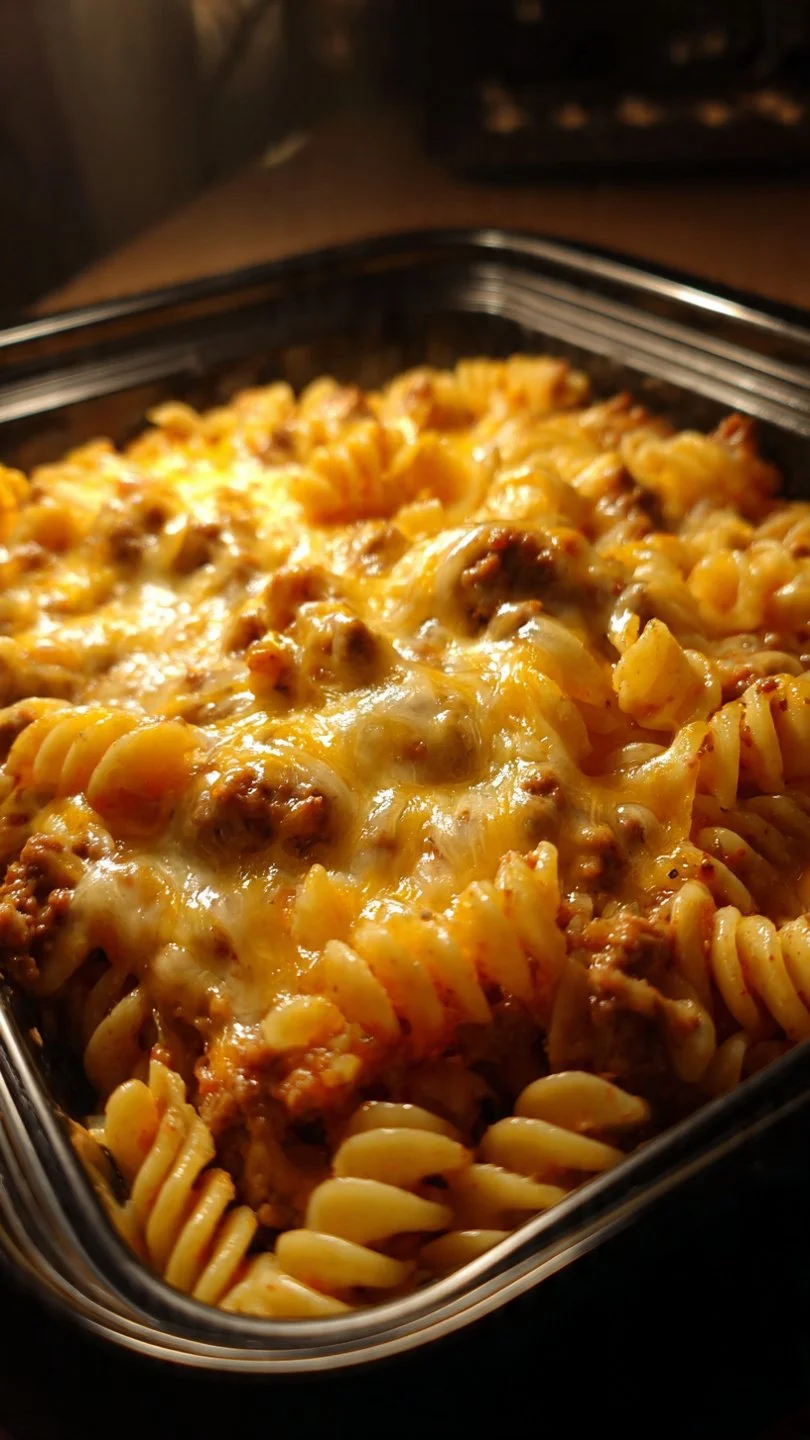 Cheesy Taco Pasta dish served with toppings in a bowl