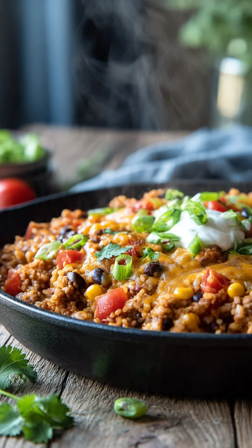 Cheesy Taco Rice Skillet topped with melted cheese and fresh toppings