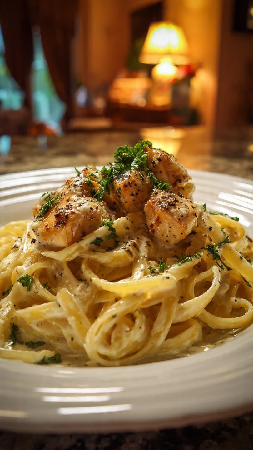 Delicious Chicken Alfredo Pasta served with a creamy sauce.