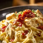 Delicious Chicken Bacon Ranch Pasta topped with crispy bacon and herbs