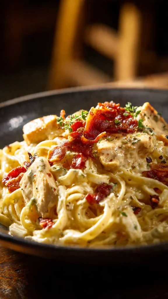 Delicious Chicken Bacon Ranch Pasta topped with crispy bacon and herbs