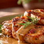 Creamy bacon pork chops served on a plate with fresh herbs