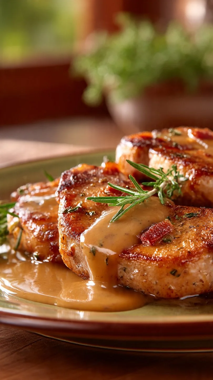 Creamy bacon pork chops served on a plate with fresh herbs