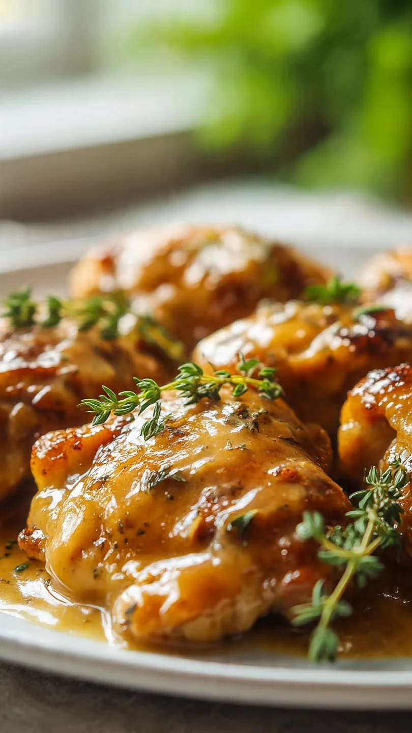 Creamy Brown Sugar Dijon Chicken Thighs served on a rustic wooden table