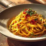 Creamy caramelized onion pasta served in a bowl with fresh herbs.