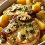 Creamy garlic pork chops with potatoes in a skillet