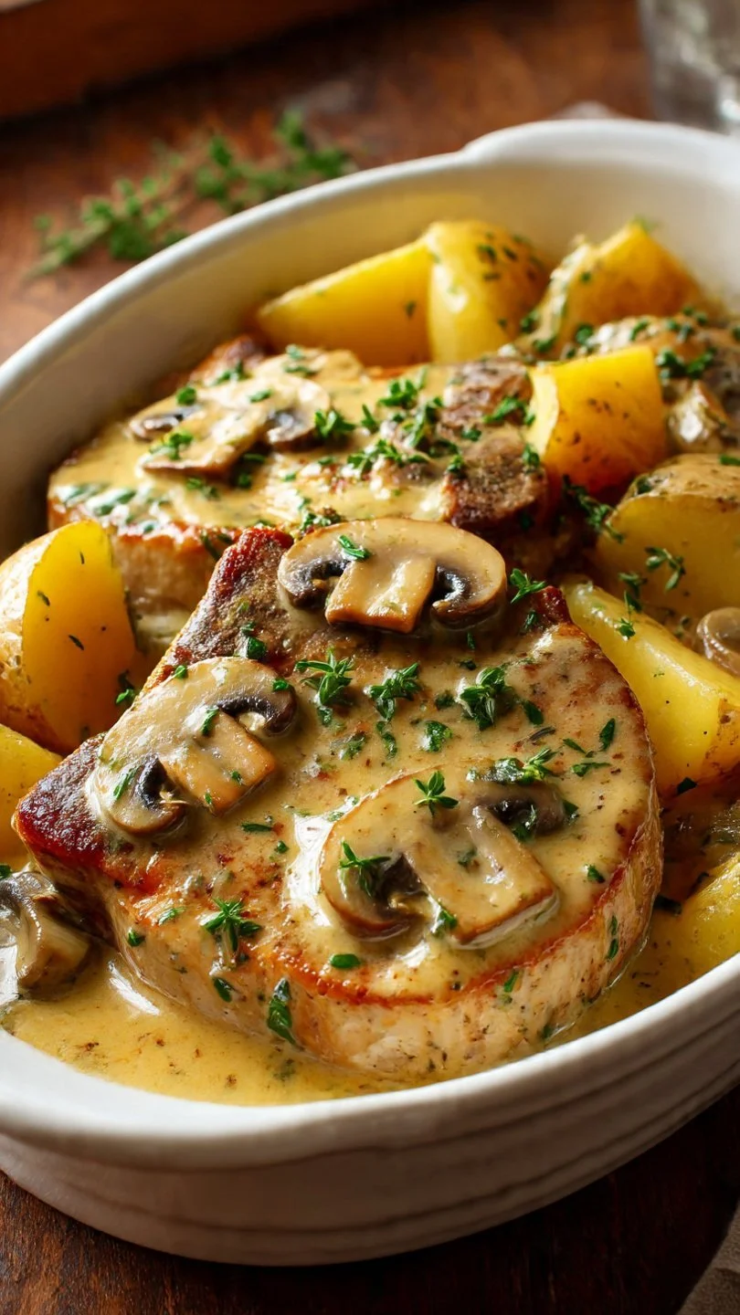 Creamy garlic pork chops with potatoes in a skillet