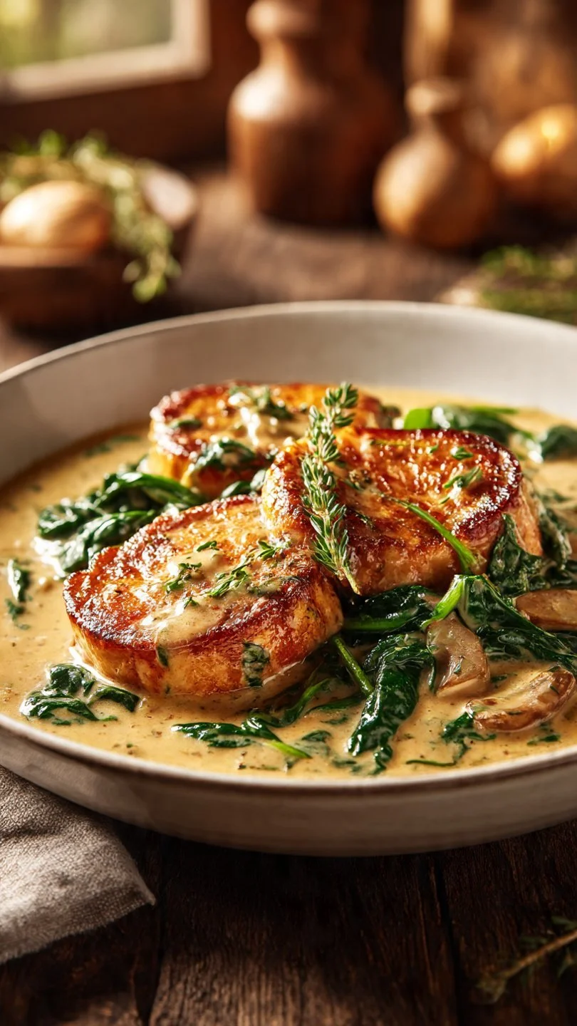 Creamy spinach mushroom pork chops served on a plate with herbs.
