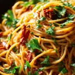 Creamy vegan sun-dried tomato pasta served in a bowl with fresh basil.