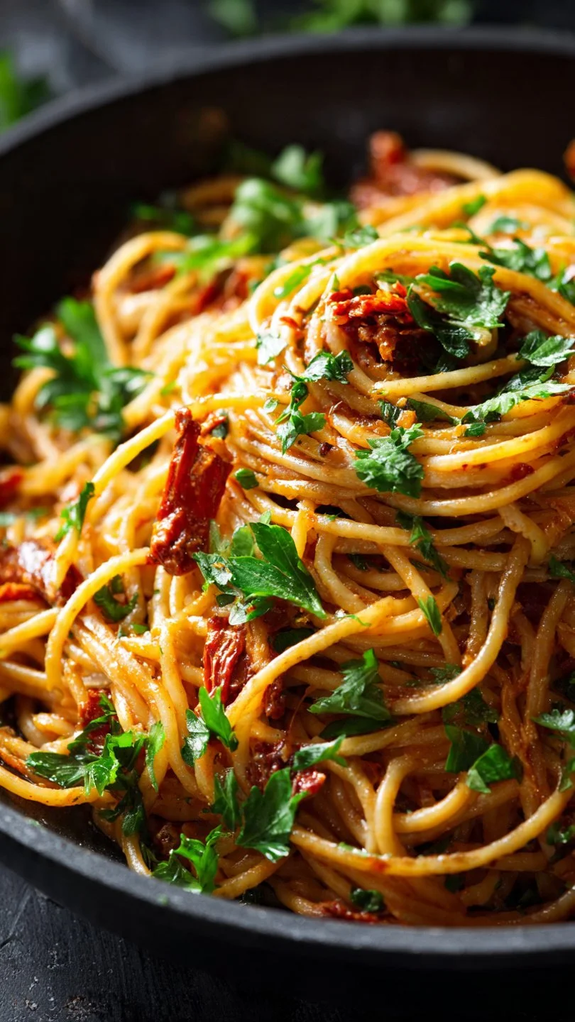 Creamy vegan sun-dried tomato pasta served in a bowl with fresh basil.