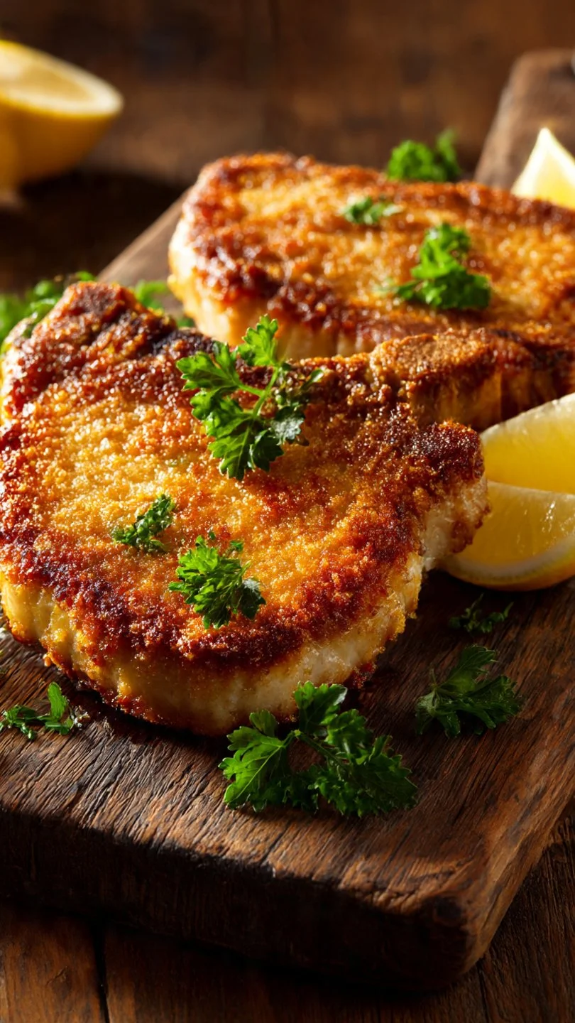 Crispy baked parmesan pork chops served on a plate