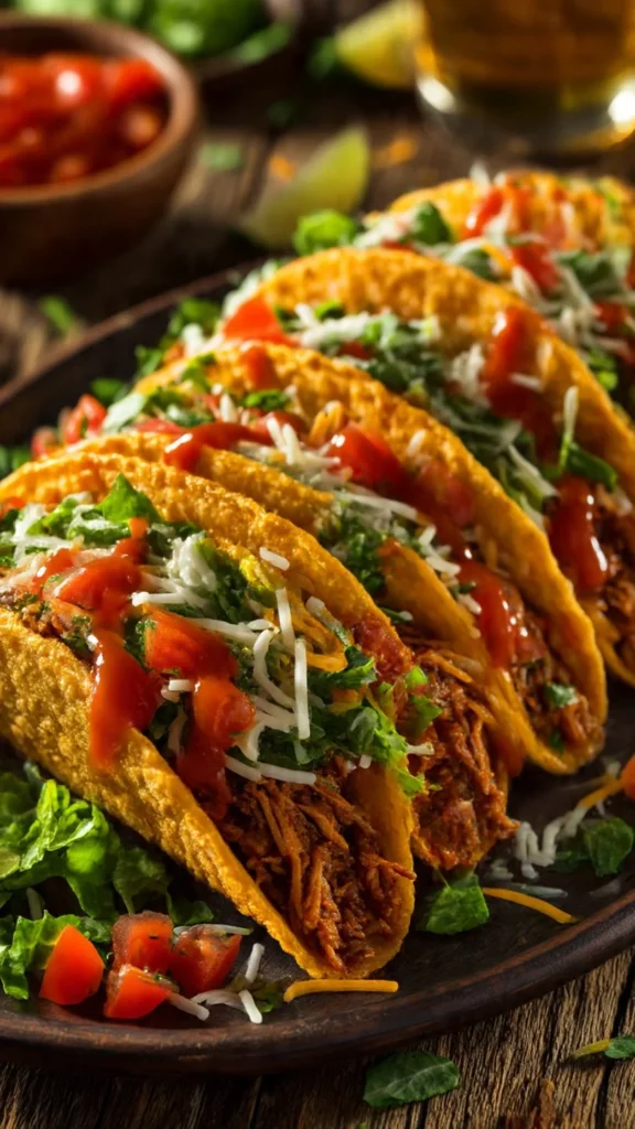 Delicious crispy beef tacos served with fresh toppings.