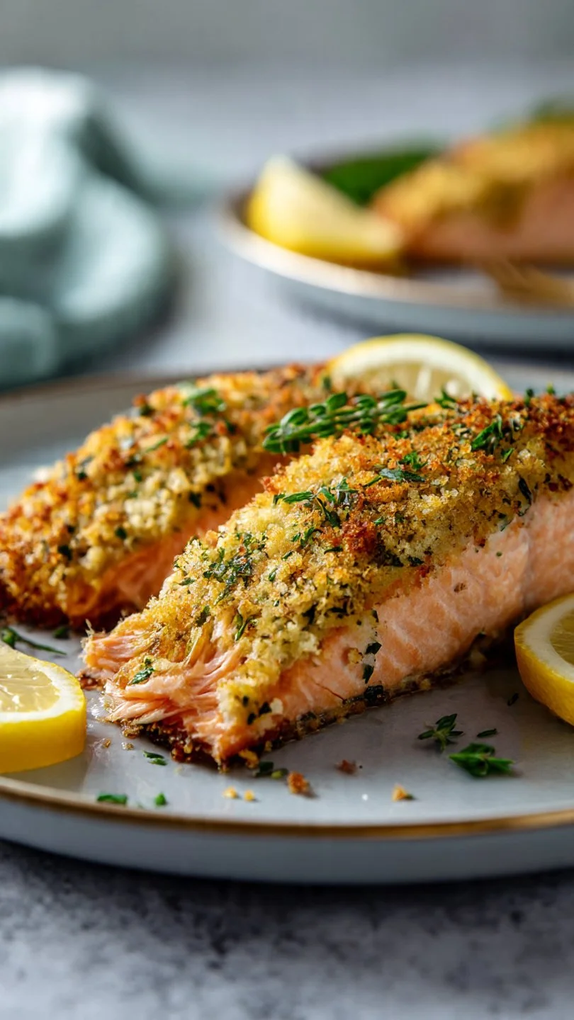 Crispy Parmesan Crusted Baked Salmon on a plate garnished with herbs