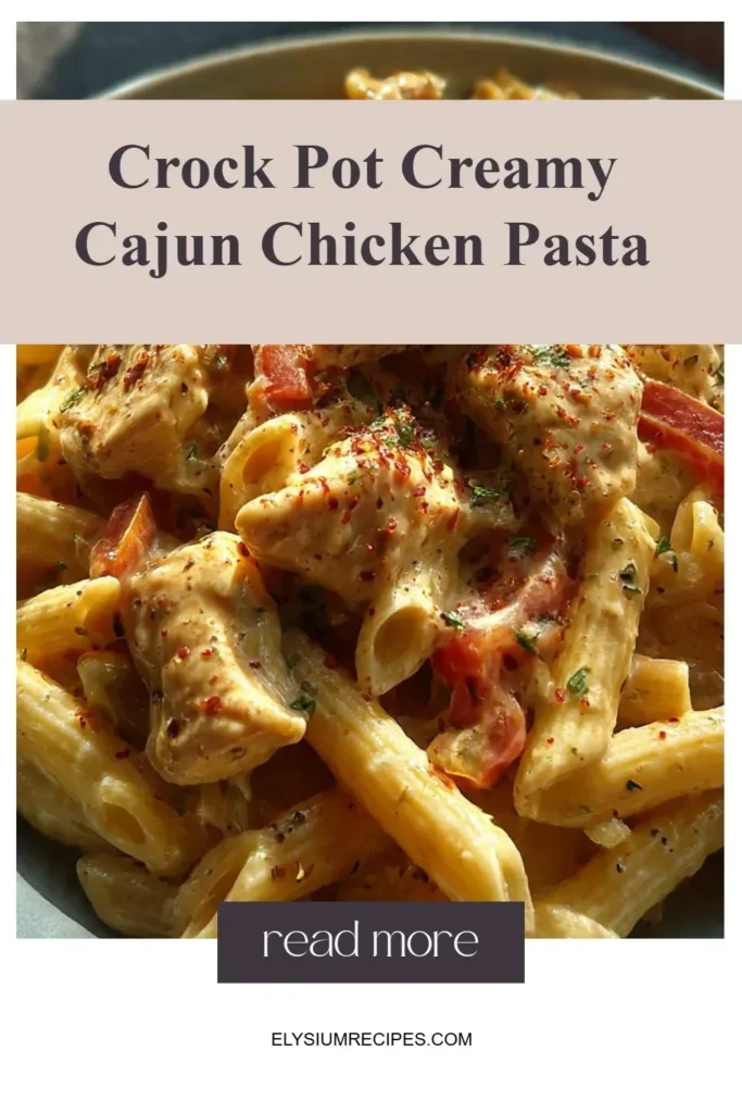 Bowl of Crock Pot Creamy Cajun Chicken Pasta featuring creamy sauce and spices.