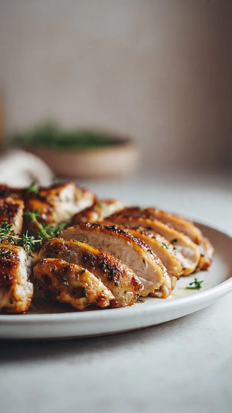 Easy baked boneless skinless chicken thighs on a plate with herbs.