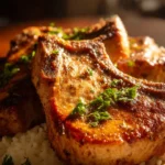 Deliciously seasoned easy baked pork chops on a plate with herbs and spices.
