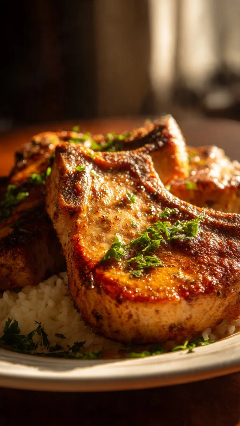 Deliciously seasoned easy baked pork chops on a plate with herbs and spices.