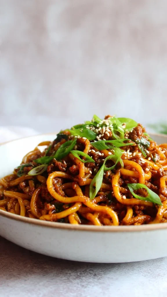 Delicious bowl of easy Mongolian ground beef noodles topped with green onions.
