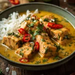 Bowl of easy salmon coconut curry with vibrant vegetables and herbs