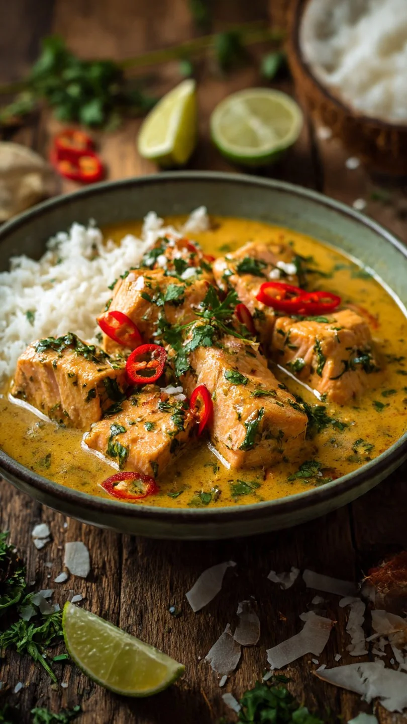 Bowl of easy salmon coconut curry with vibrant vegetables and herbs