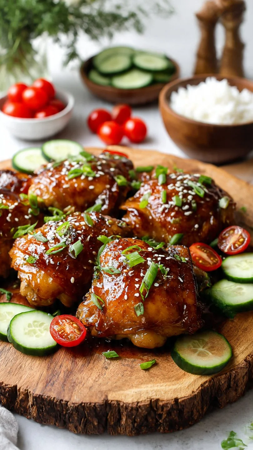 Delicious soy garlic chicken thighs served on a plate.
