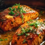 Garlic Butter Chicken and Salmon dish served with herbs