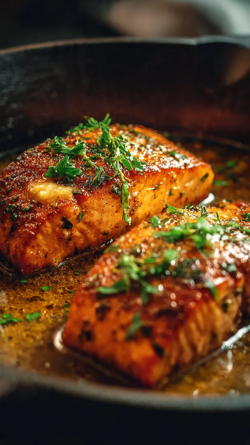 Garlic Butter Chicken and Salmon dish served with herbs