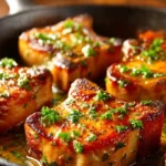 Garlic butter pan-seared pork chops on a plate, garnished with herbs