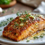 Delicious Garlic Butter Salmon served on a plate with herbs