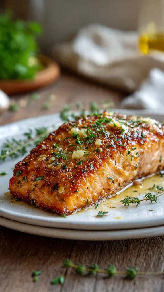 Delicious Garlic Butter Salmon served on a plate with herbs