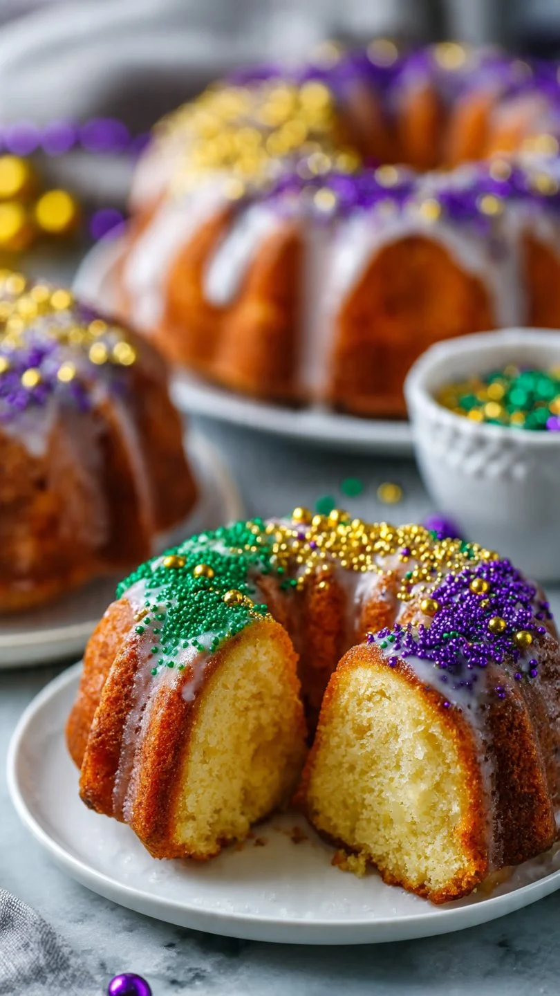 Gluten-free King Cake decorated with colorful icing and traditional Mardi Gras colors.