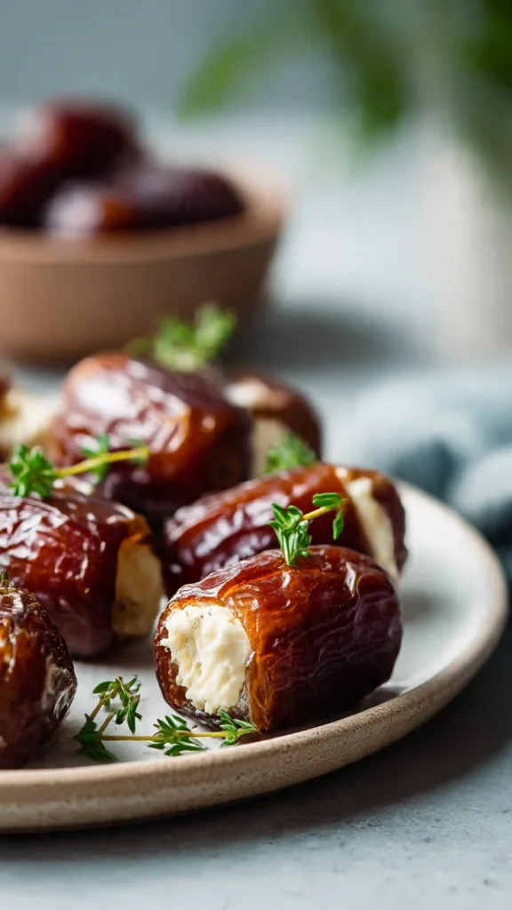 Delicious goat cheese stuffed dates on a serving platter