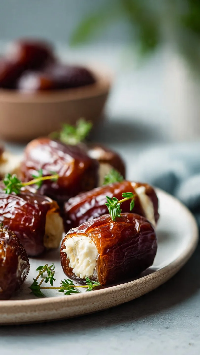 Delicious goat cheese stuffed dates on a serving platter