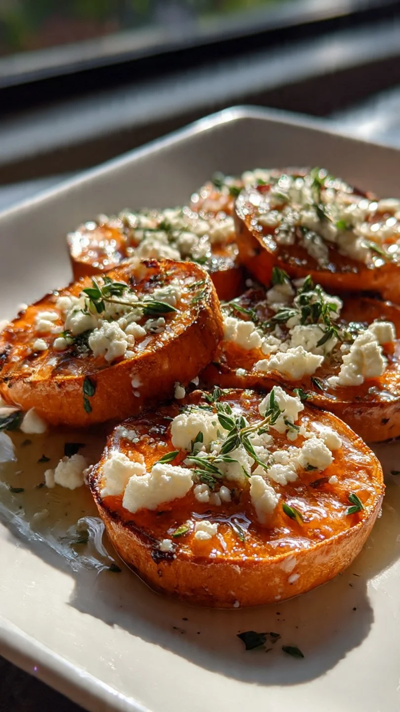 Gourmet honey feta sweet potato rounds served on a platter.