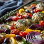 Greek sheet pan chicken with herbs and vegetables on a baking tray.