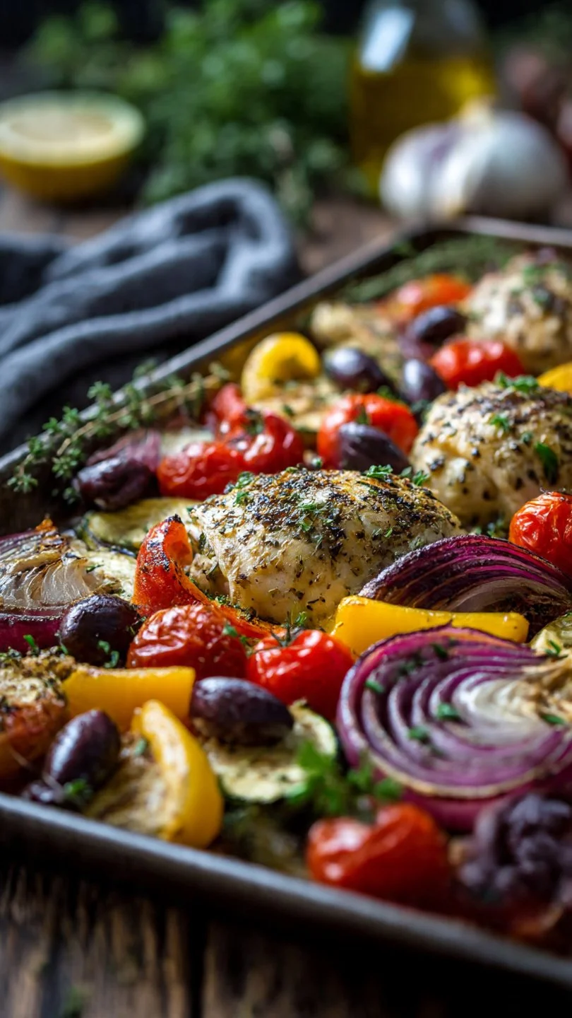 Greek sheet pan chicken with herbs and vegetables on a baking tray.