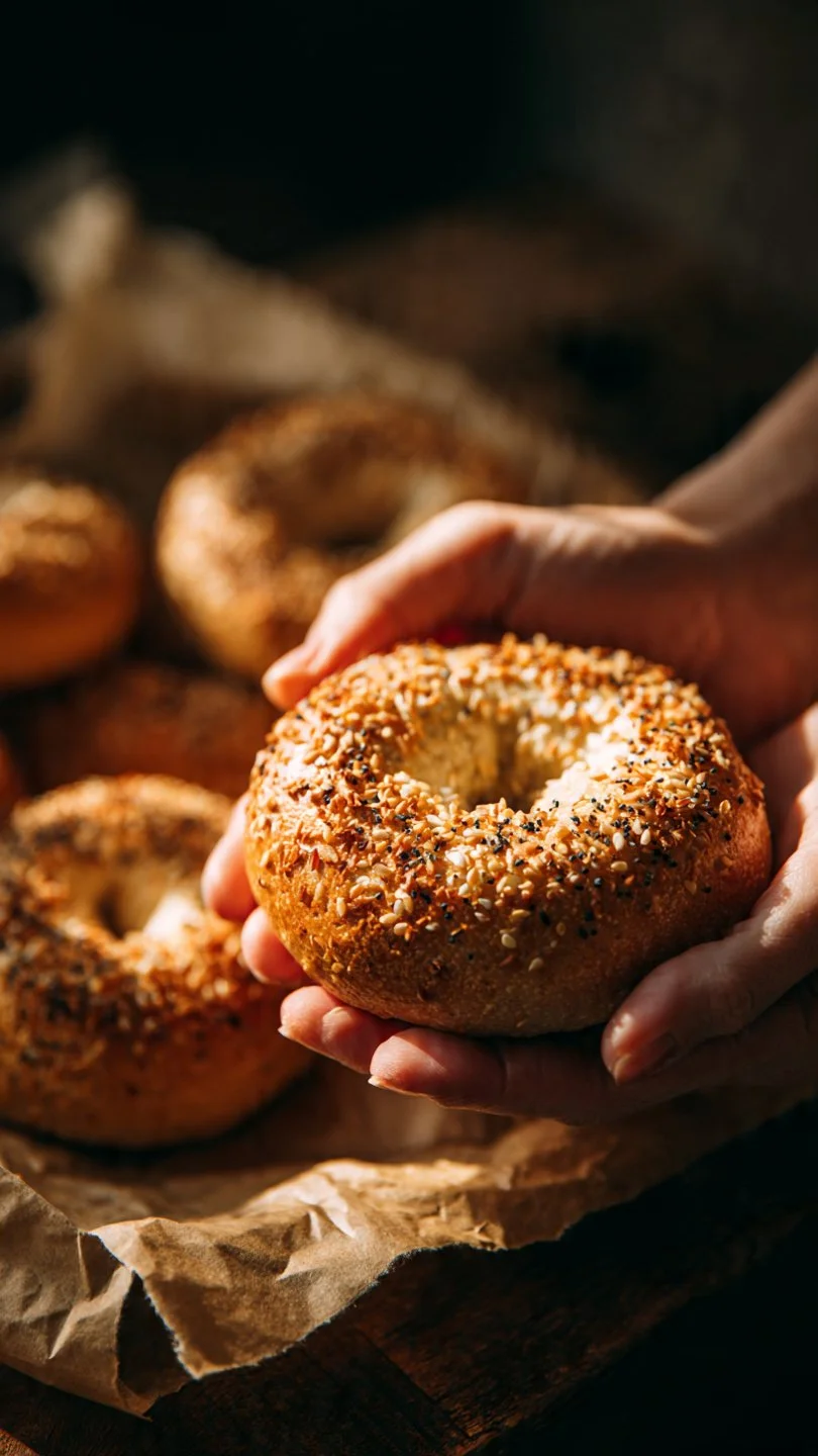Freshly baked Greek Yogurt Bagels on a wooden board
