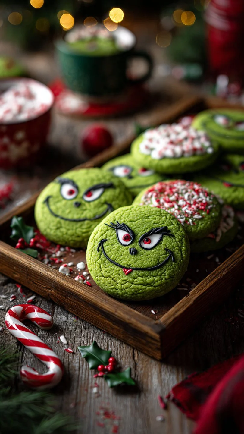 Festive Grinch Drop Sugar Cookies decorated for the holiday season.