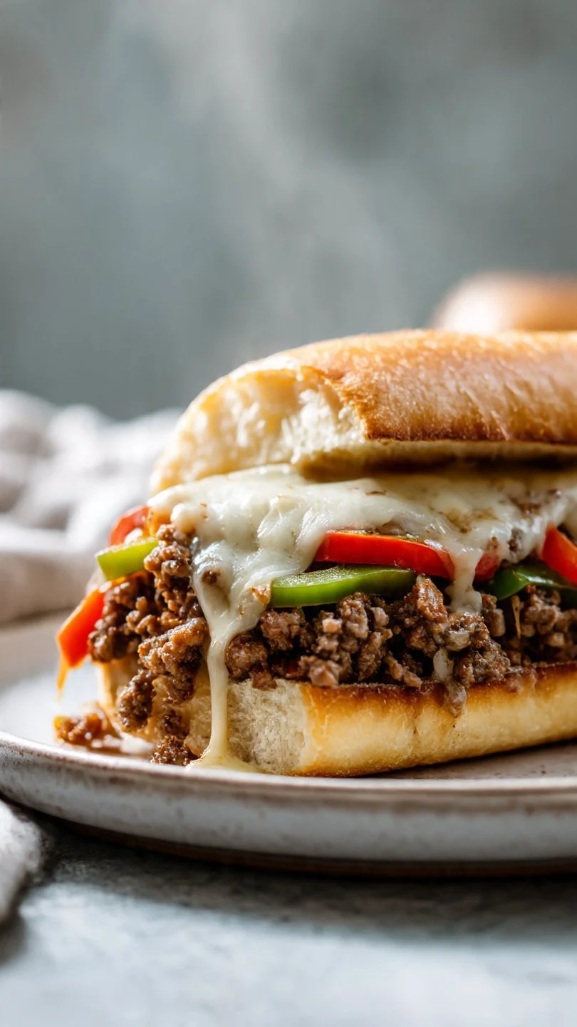 Ground Beef Philly Cheesesteak loaded with cheese and toppings on a toasted hoagie roll.