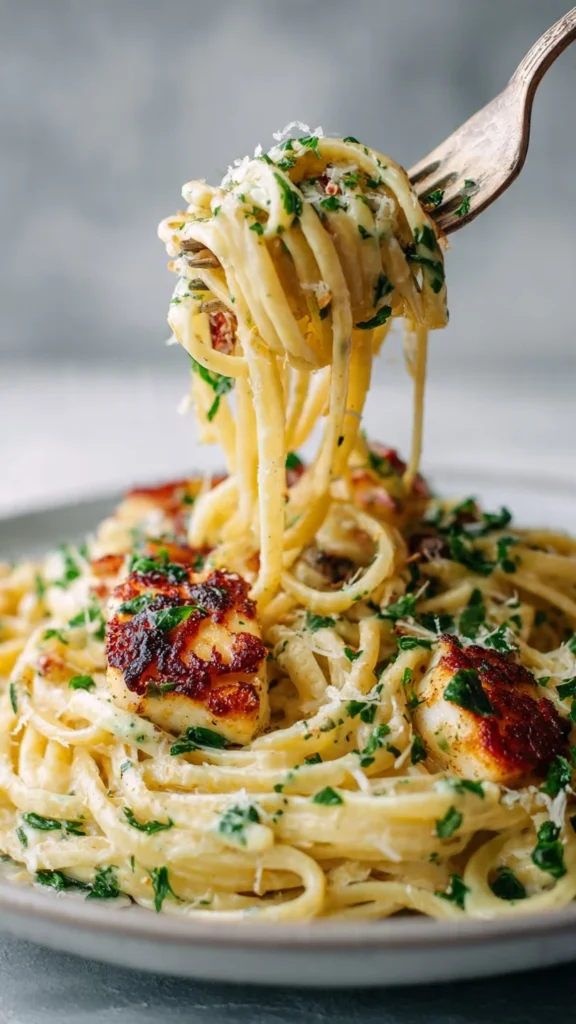 Delicious Halloumi Carbonara served with fresh ingredients and herbs