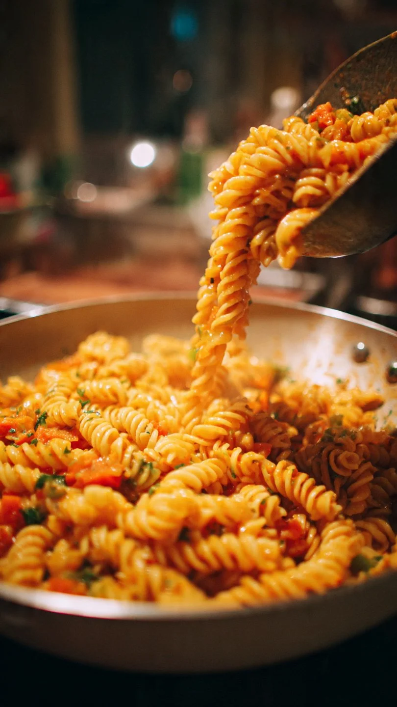 High-Protein Vegan Marry Me Pasta with fresh herbs and vegetables