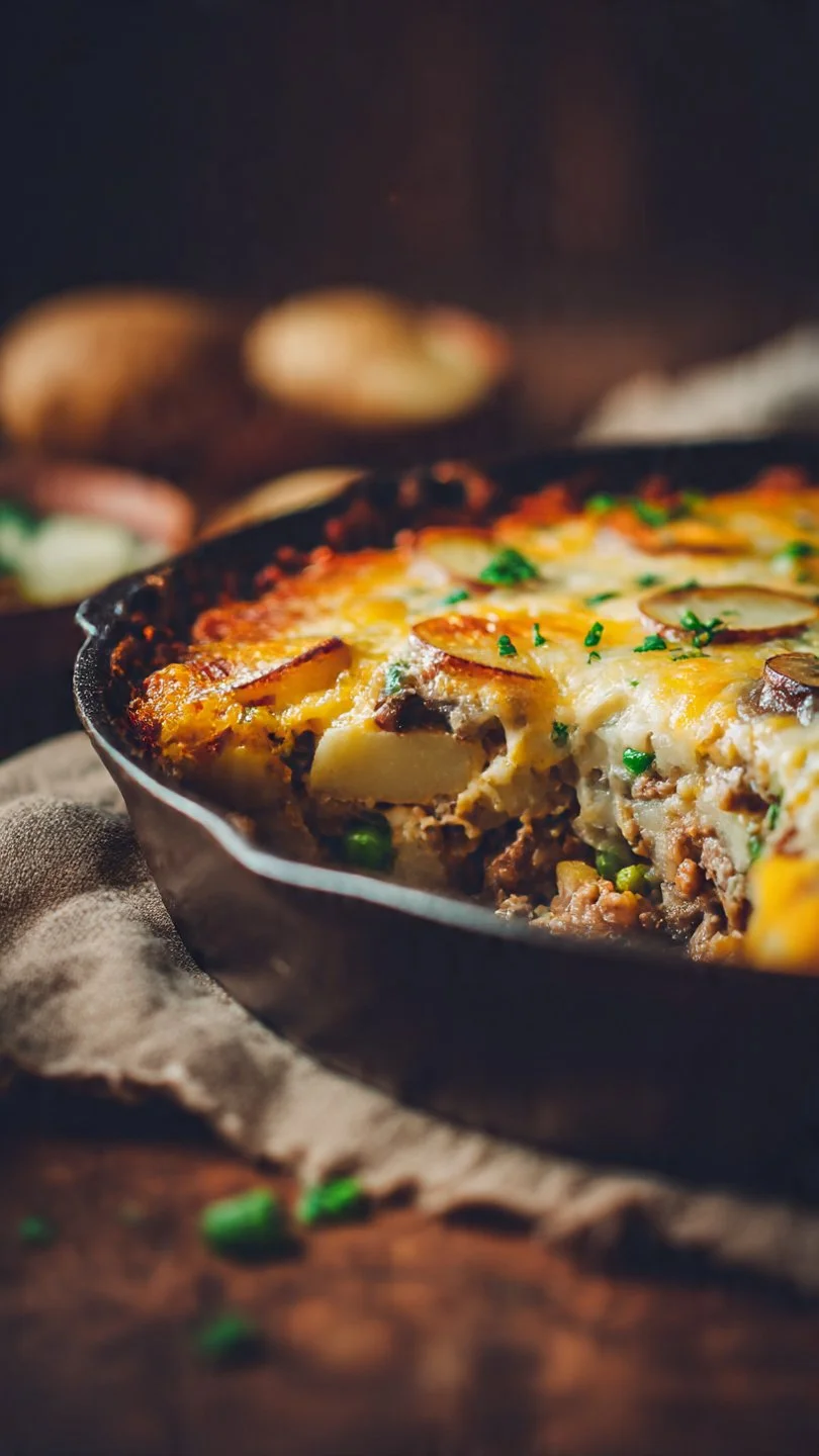 Delicious Hobo Casserole served in a baking dish with layers of meat and vegetables.