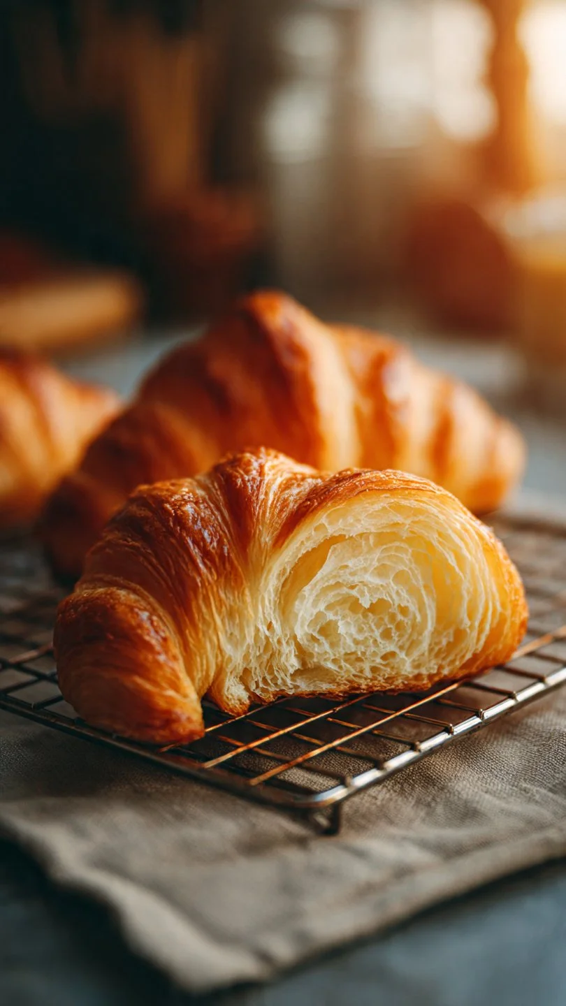 Freshly baked homemade croissants on a wooden table