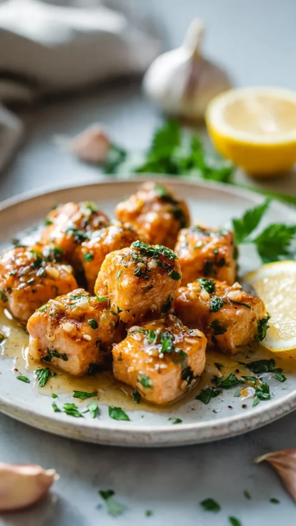 Delicious Honey Garlic Salmon Bites served on a plate.