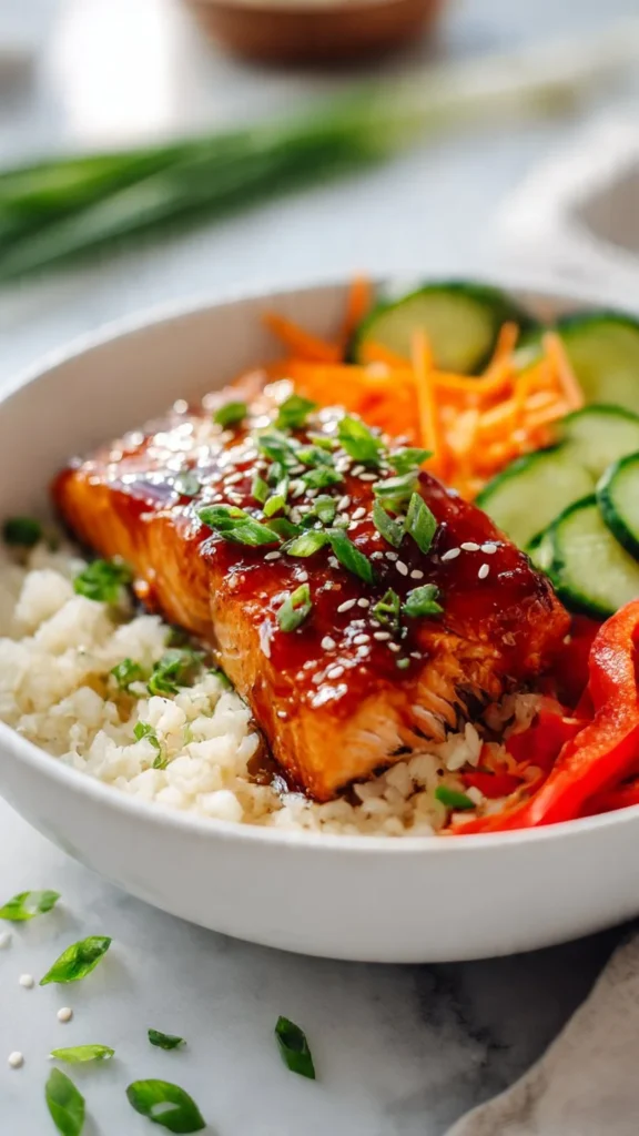 Delicious Honey Sriracha Salmon bowls with rice and vegetables.