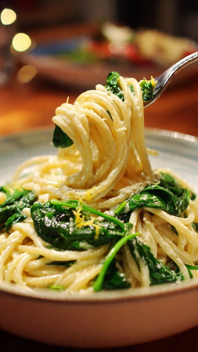 Creamy Lemon Ricotta Pasta with Spinach served in a bowl