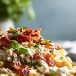 Loaded Bacon Cheeseburger Alfredo Pasta served in a bowl with toppings