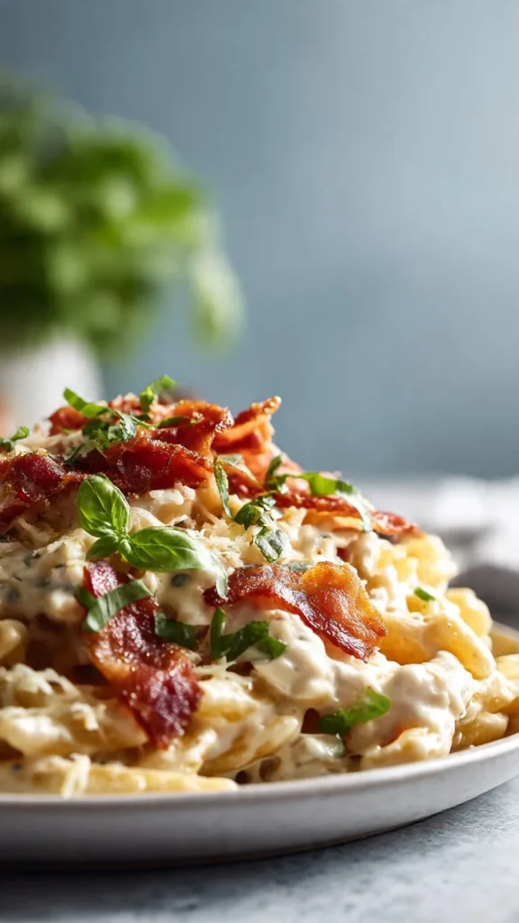 Loaded Bacon Cheeseburger Alfredo Pasta served in a bowl with toppings